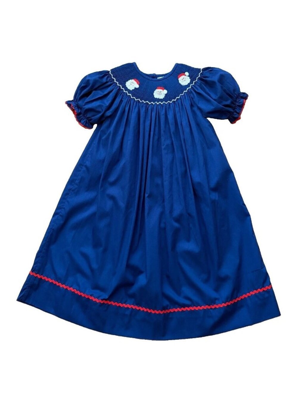 The Smocking Place Girls Size 4 Blue Santa Pleated Embroidered Holiday Dress